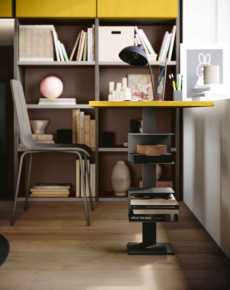 Cameretta a ponte con libreria, finitura Grigio seta, Giallo cedro e Bronzo