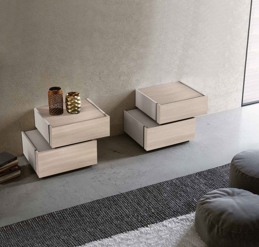 Coppia di comodini sfasati Palawan in finitura Grigio seta e Olmo natura 