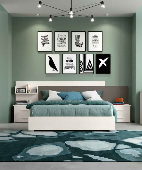 Letto matrimoniale con contenitore e testiera in Larice Bianco ed inserto Grigio Cenere