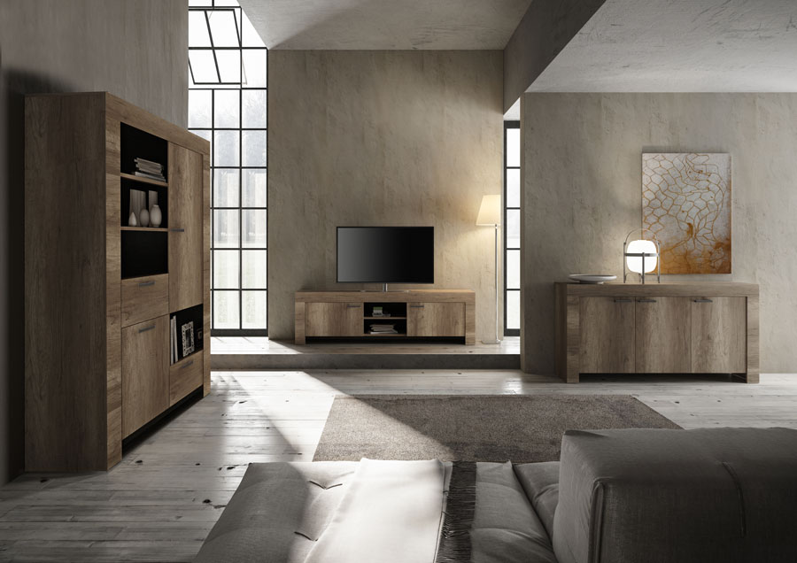 Sala completa in stile shabby chic con porta tv, madia e contenitore noce