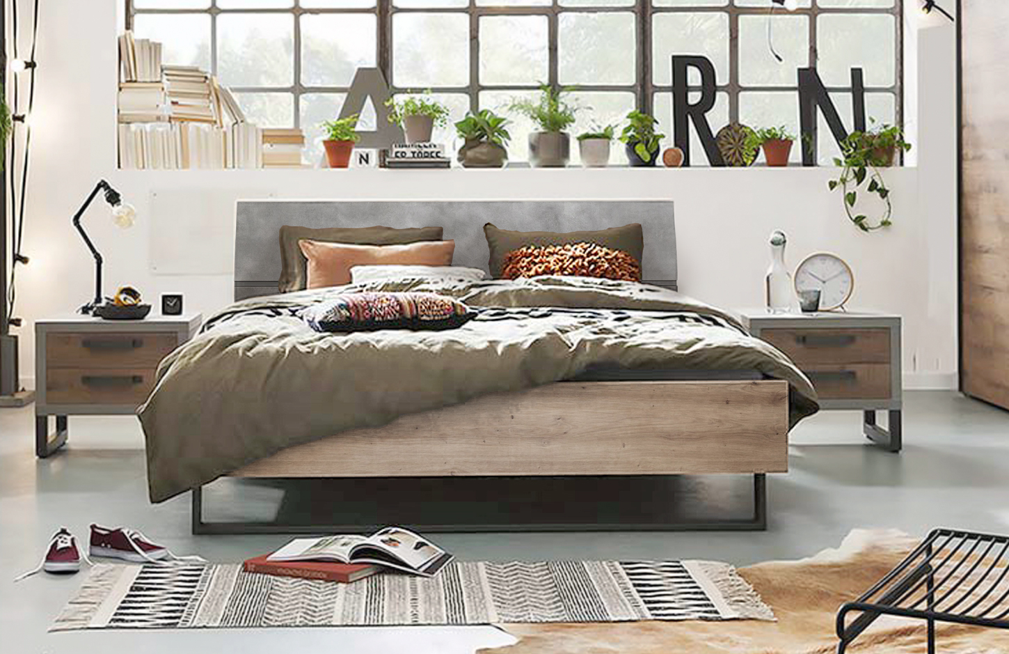 Letto Industry con testata ricurva in finitura Rovere e Grigio smoke