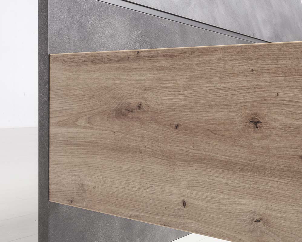 Letto Industry con testata ricurva in finitura Rovere e Grigio smoke