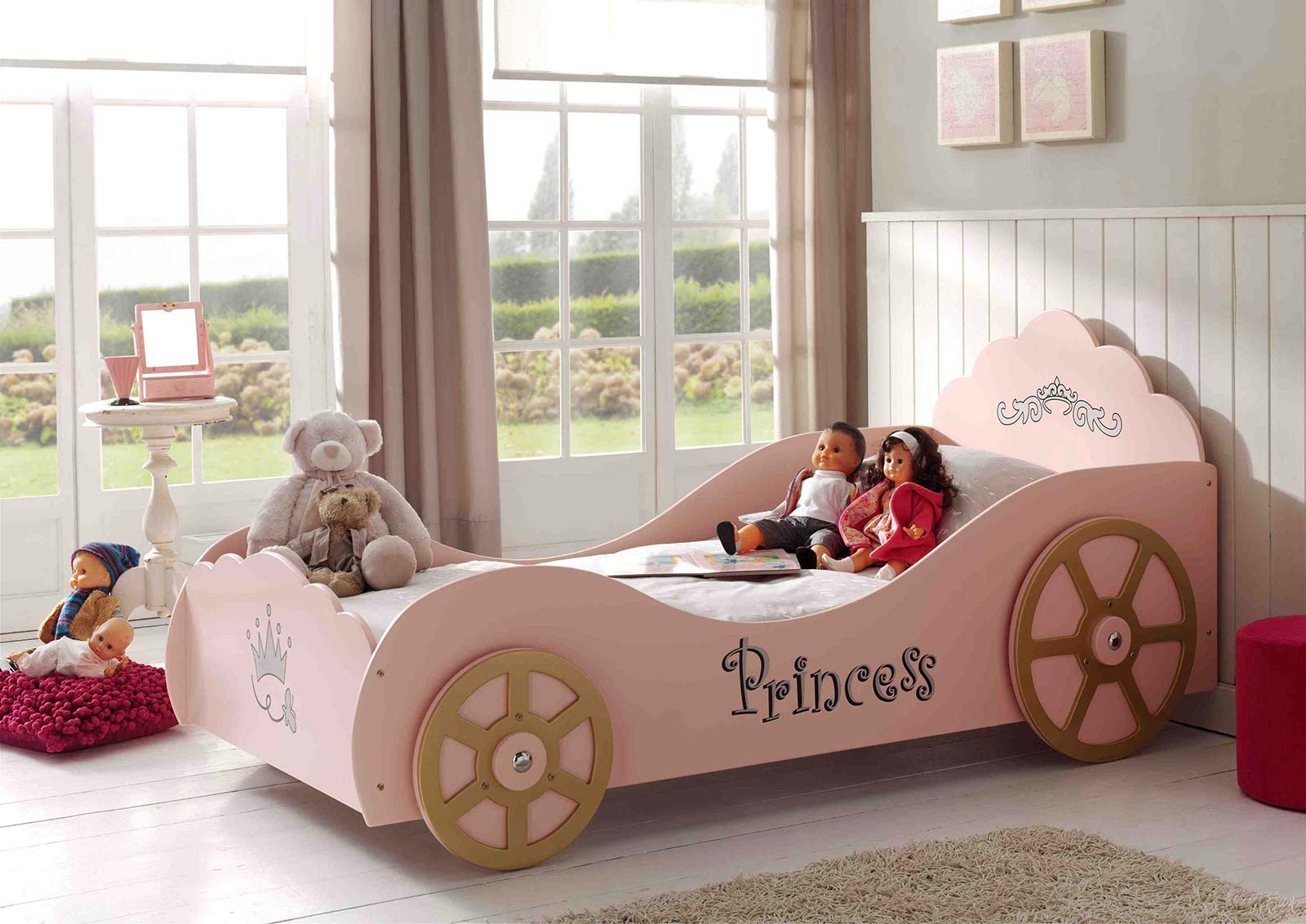 Letto principessa per bambine design macchina, finitura Rosa laccato