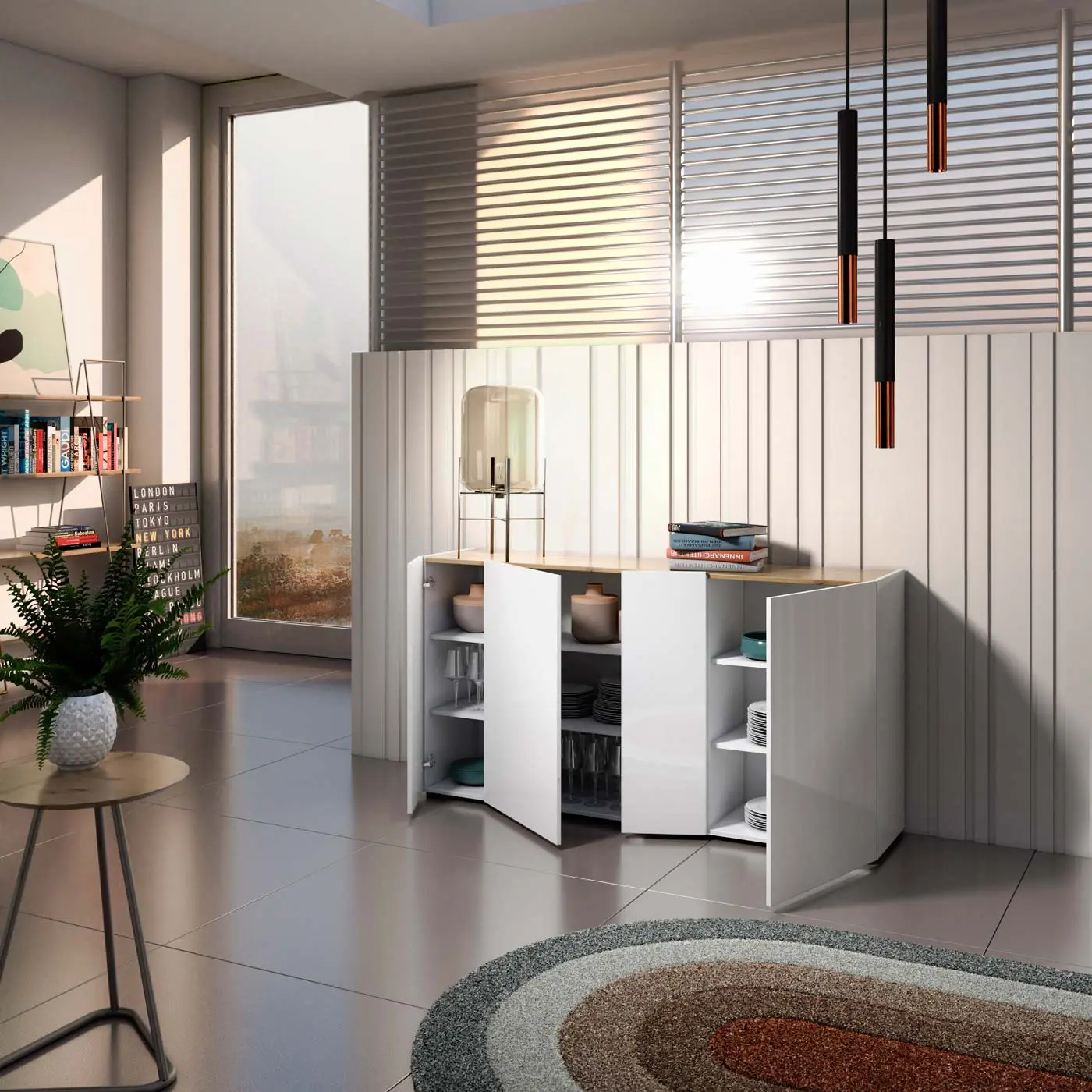 Madia moderna 4 ante, Bianco lucido con top Rovere in offerta