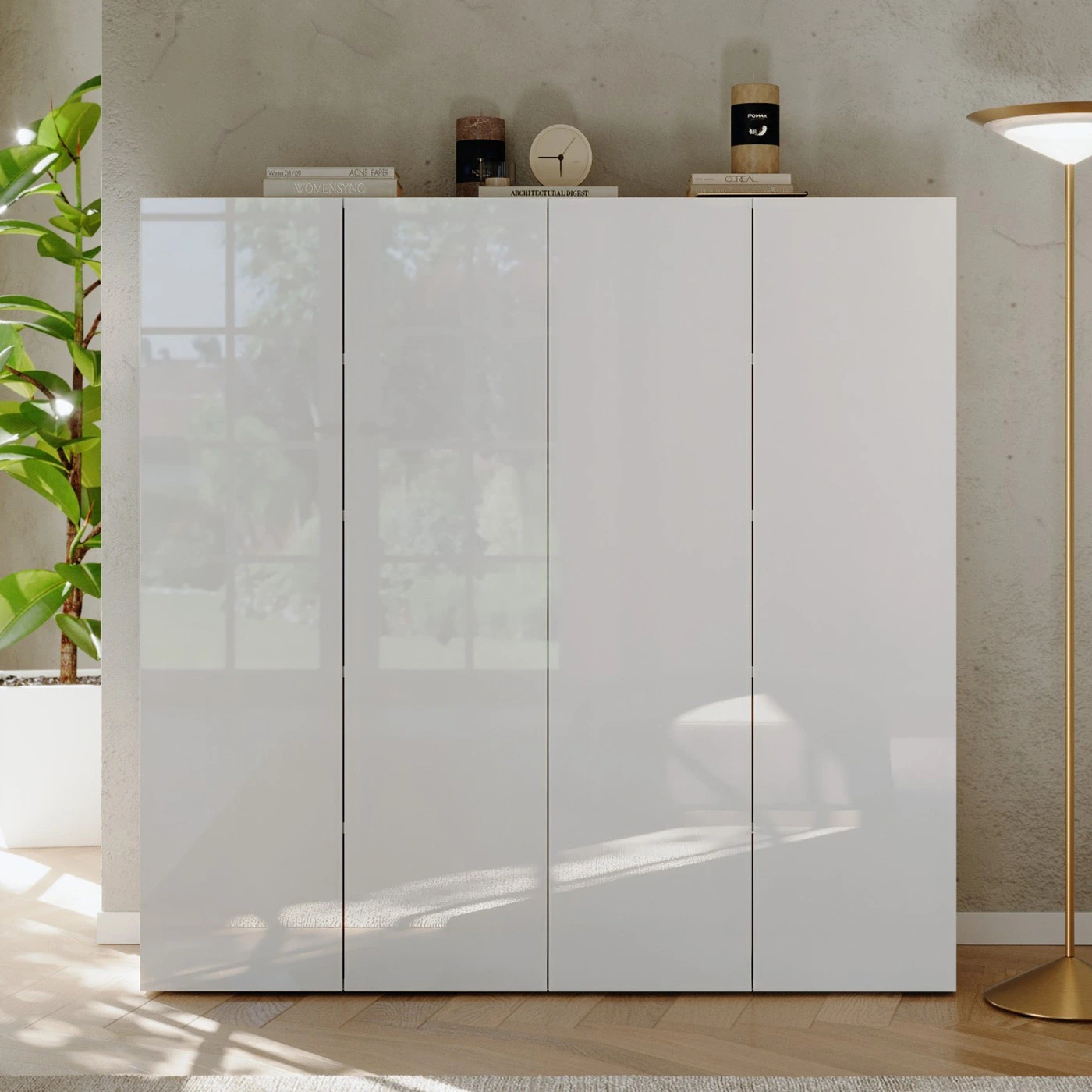 Scarpiera bassa 4 ante, 126x116x35 h cm, Bianco lucido