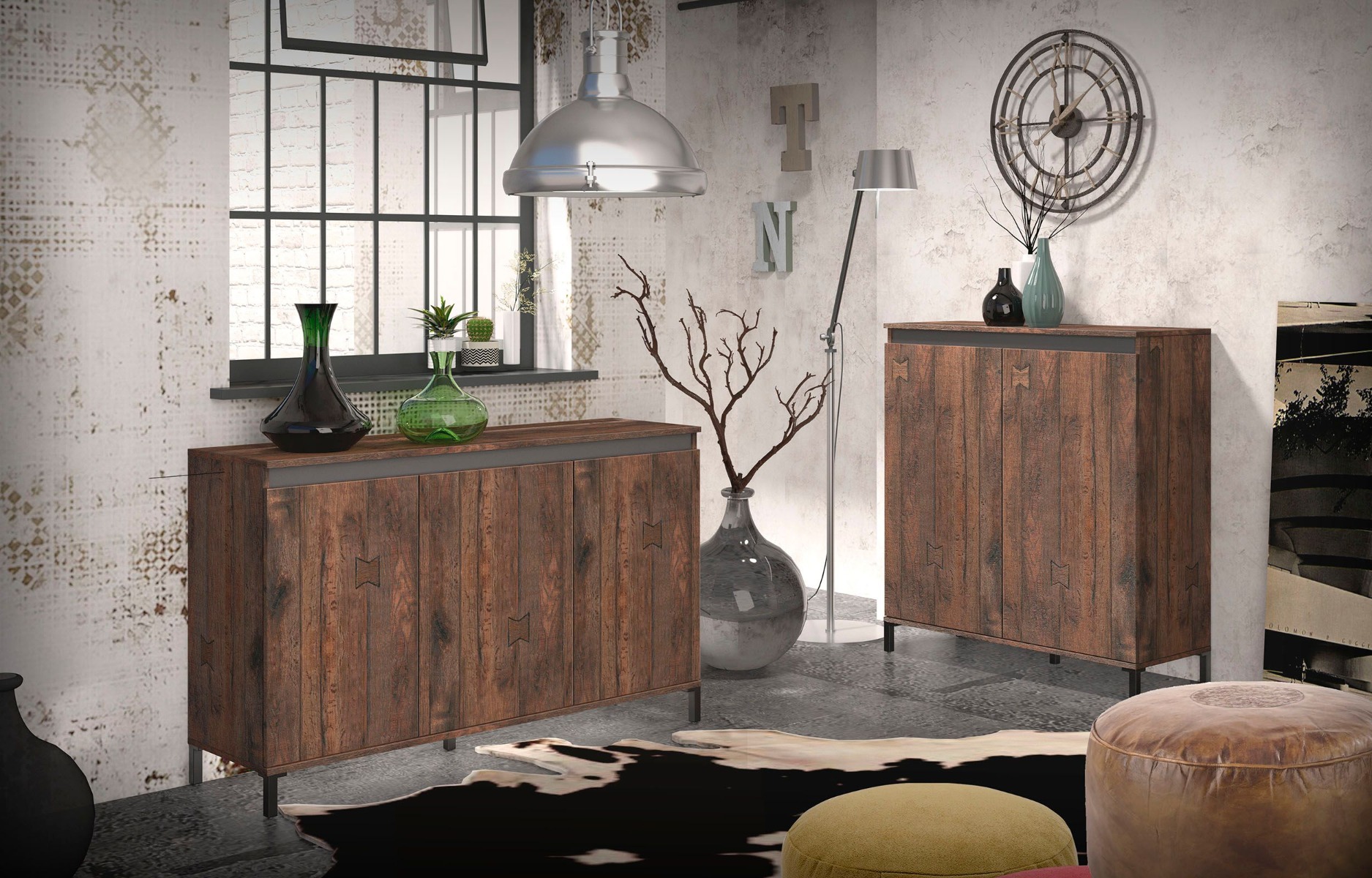 Credenza stile industry a 2 ante finitura Legno vecchio 