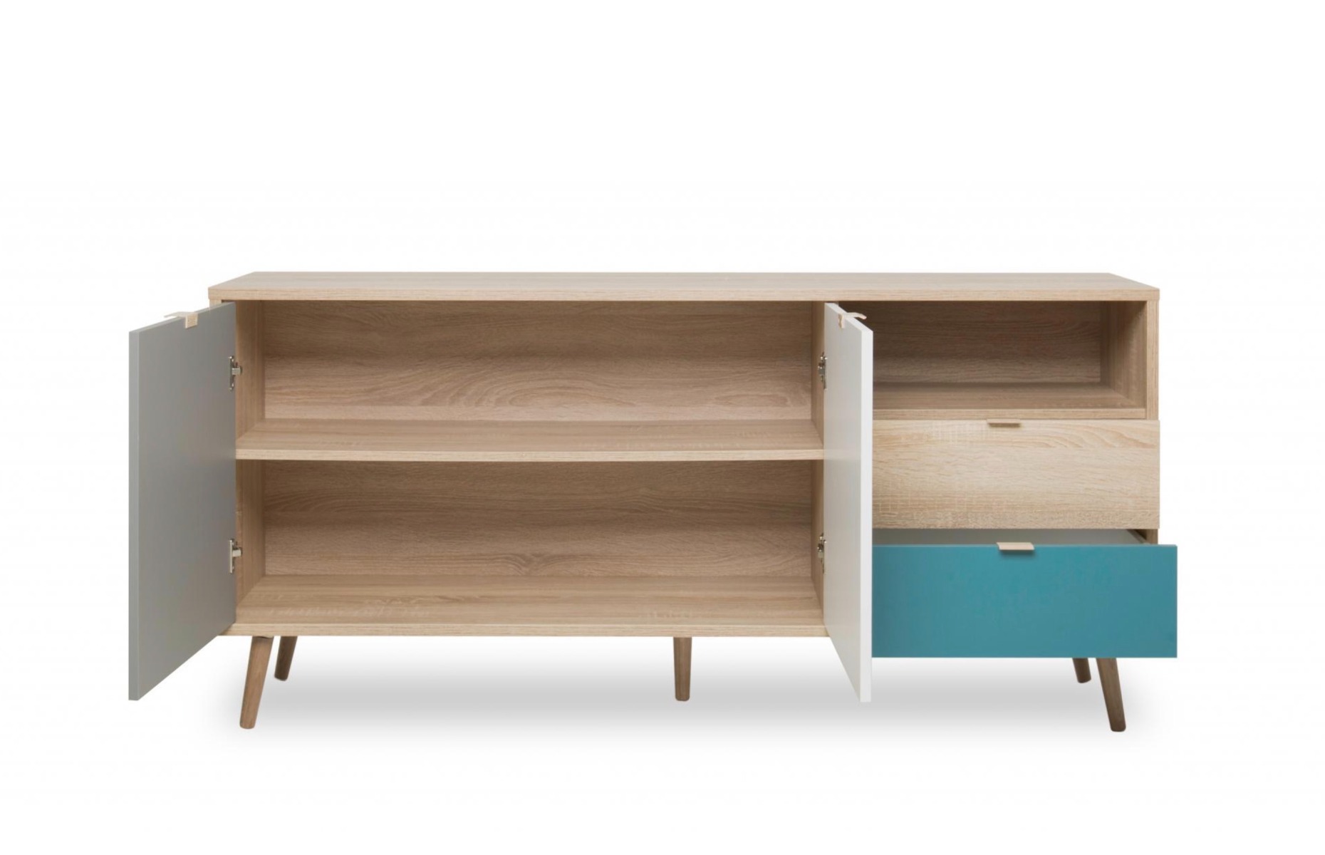 Offerta Madia Lavik con gambe in legno, 2 ante 2 cassetti, finitura Quercia, Bianca, Petrolio e Grigia
