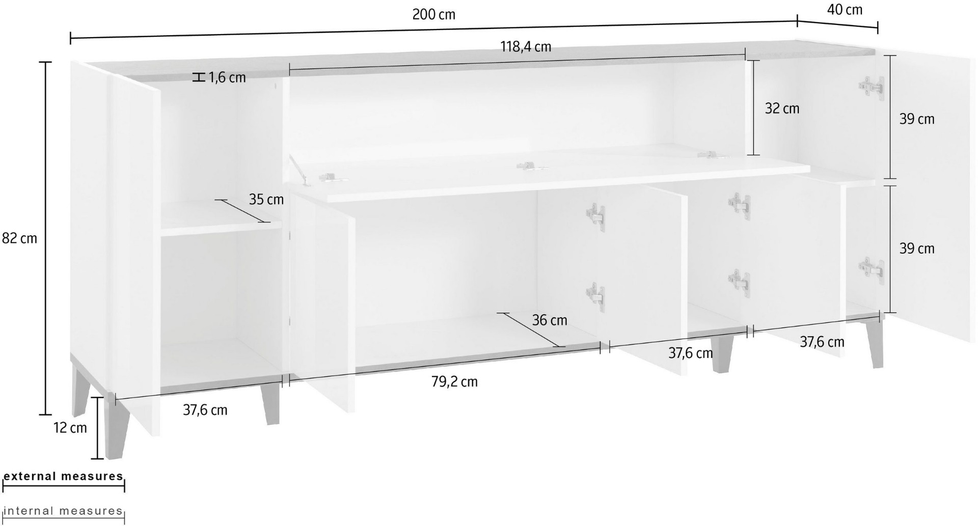 Credenza 200 cm in Bianco lucido e Ardesia