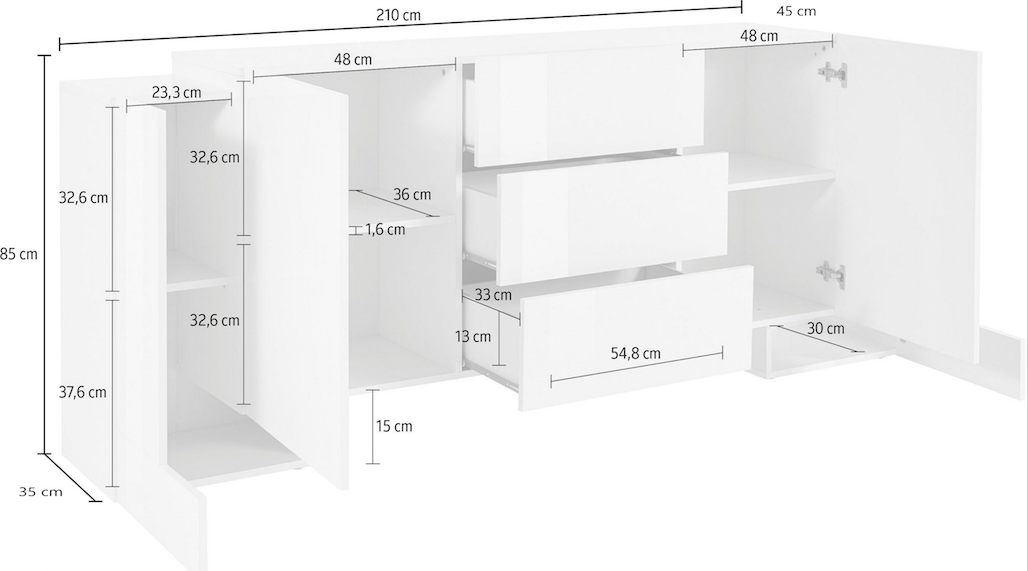 Credenza moderna Pero e Bianco lucido, 3 cassetti e 4 ante