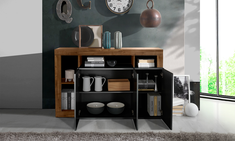 Madia moderna 3 ante con un ripiano in finitura Noce Dark e Marmo Lucido Nero