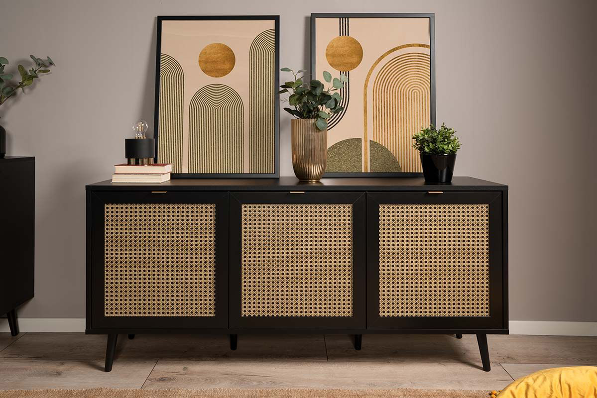 Credenza  Madia moderna Arendal con 3 ante in finitura Nero opaco con dettagli Oro