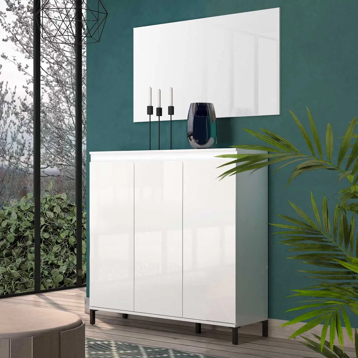 Economica Madia alta 3 ante colore Bianco Lucido, Made in italy