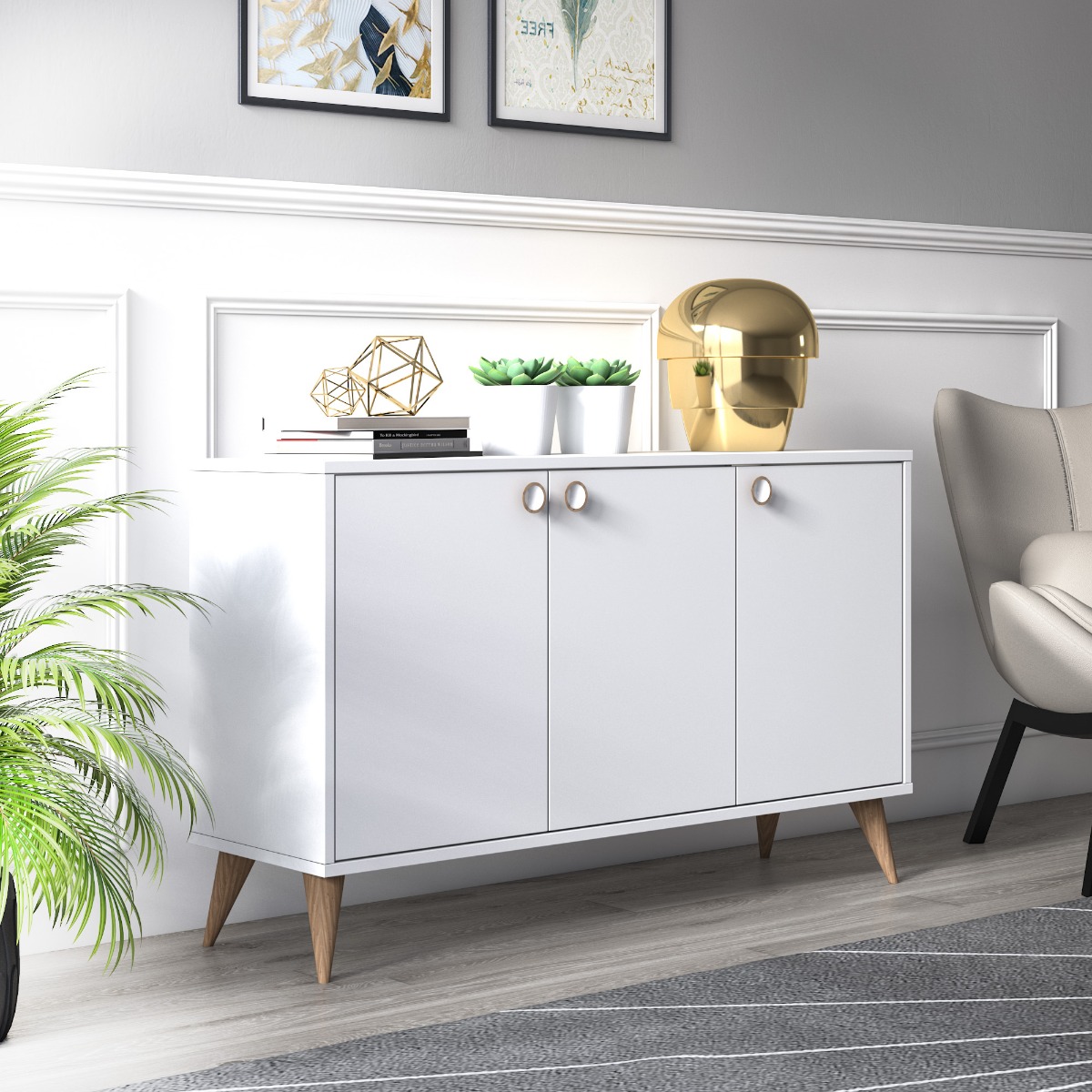 Madia bianca Ankara, 3 ante e piedini a cono