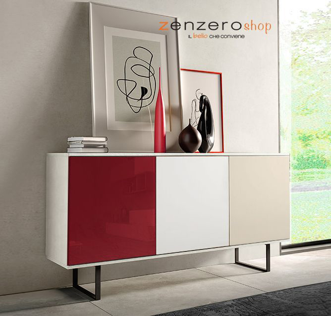 Madia  moderna Orbitar con 3 ante in finitura Bianco calce, Vetro rosso, Terra opaco e Bianco opaco