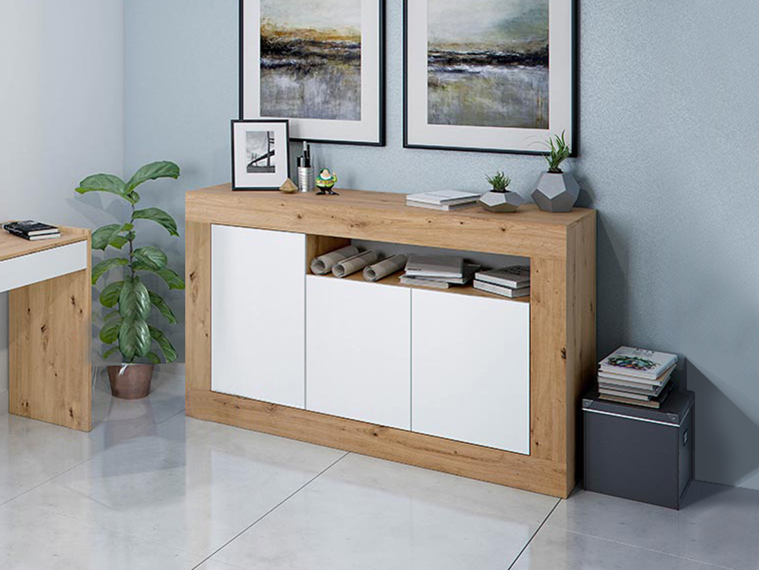 Madia moderna 3 ante, fintiura Rovere nodi e Bianco opaco