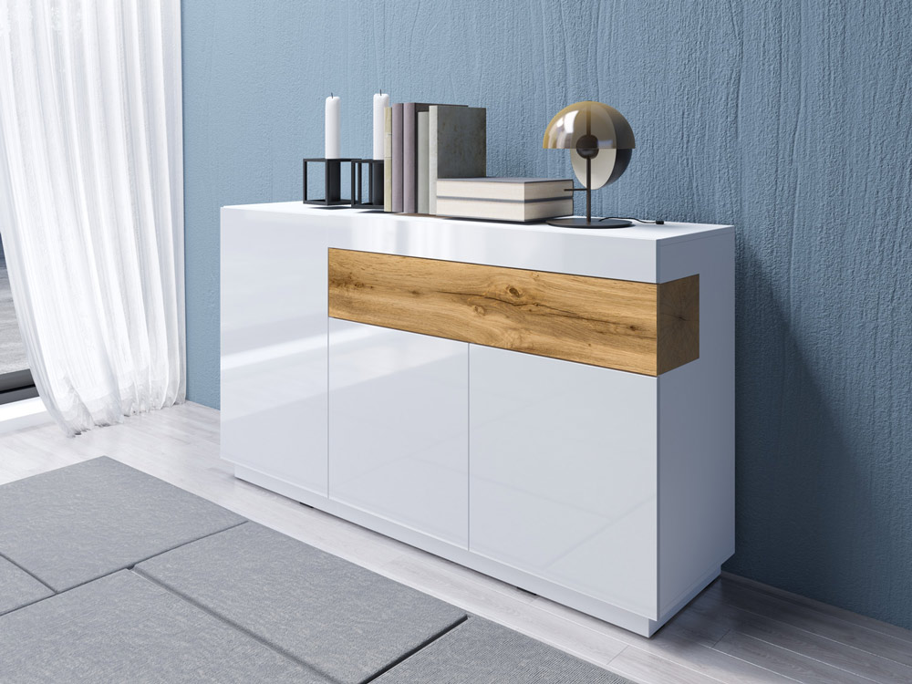 Credenza moderna 3 ante e 1 cassetto, bianco lucido e rovere naturale
