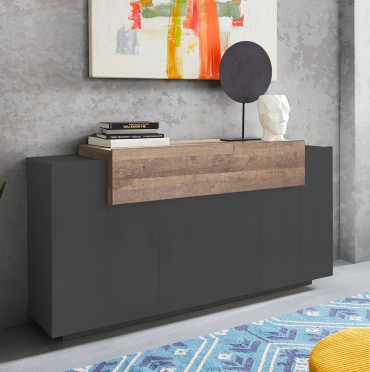 Conveniente Madia con 3 ante e una ribalta in finitura Ardesia e Oak