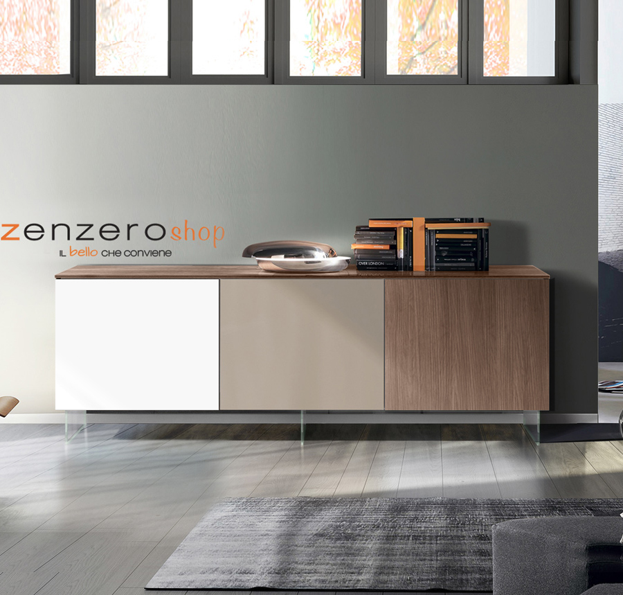 Credenza Moderna, Madia di Design con piedini in vetro, 3 ante, Noce, Bianco e fango