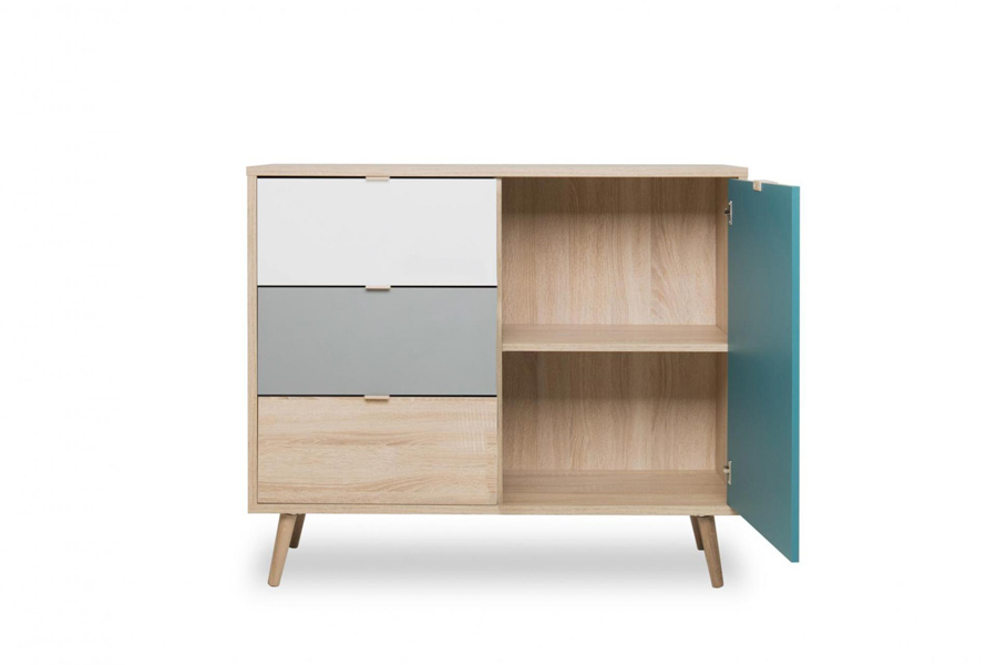 Madia Lavik con gambe in legno, 1 anta 3 cassetti, finitura Quercia, Bianca, Petrolio e Grigia