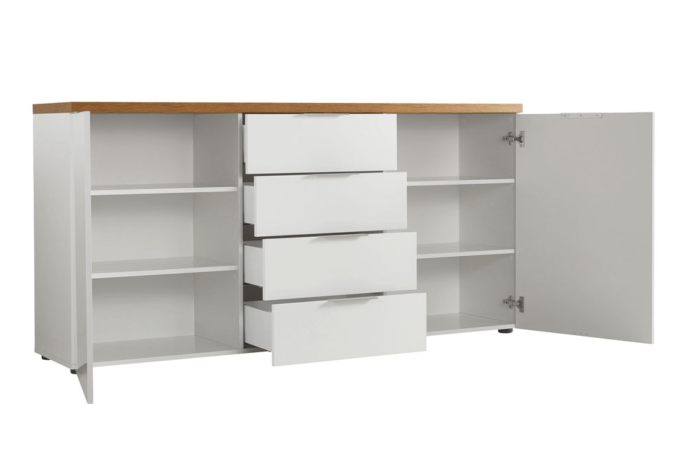 Capiente Madia 2 ante e 4 cassetti finitura Bianco lucido e Castagno, Made in Italy