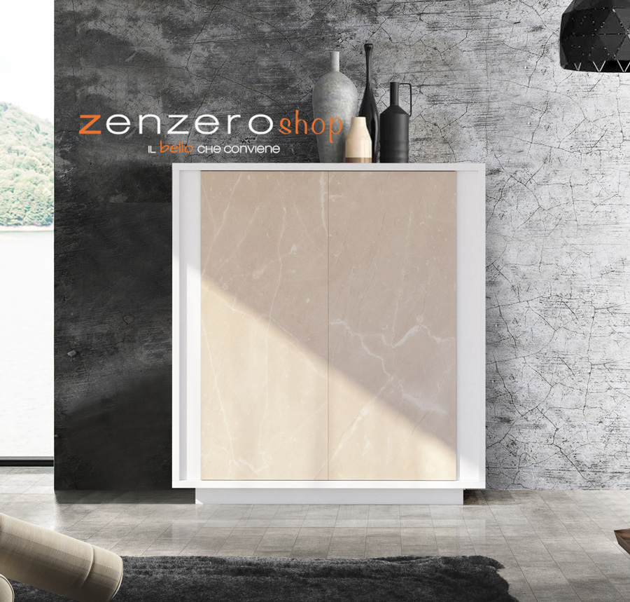 Madia di Design Alta, Credenza Moderna 2 ante, Bianco Nobilitato e Opera