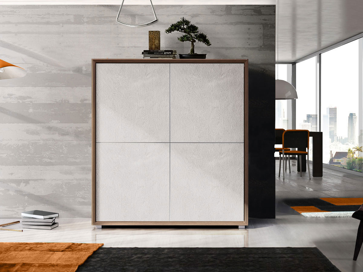 Madia di Design Alta, Credenza Moderna 4 ante, Teak e Calce