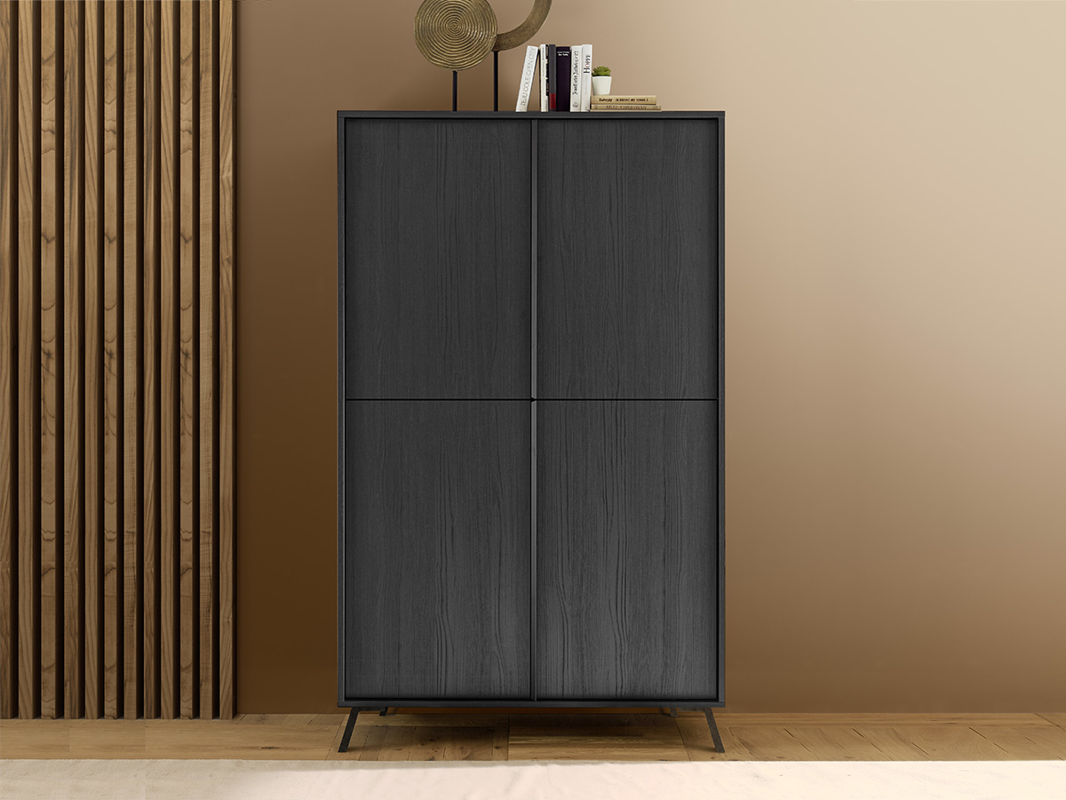 Soggiorno moderno, sala da pranzo moderna, composta da madie e tavolo, nero frassinato