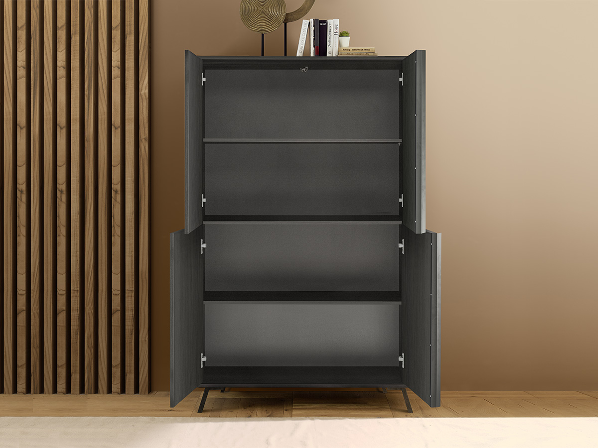 Soggiorno moderno, sala da pranzo moderna, composta da madie e tavolo, nero frassinato