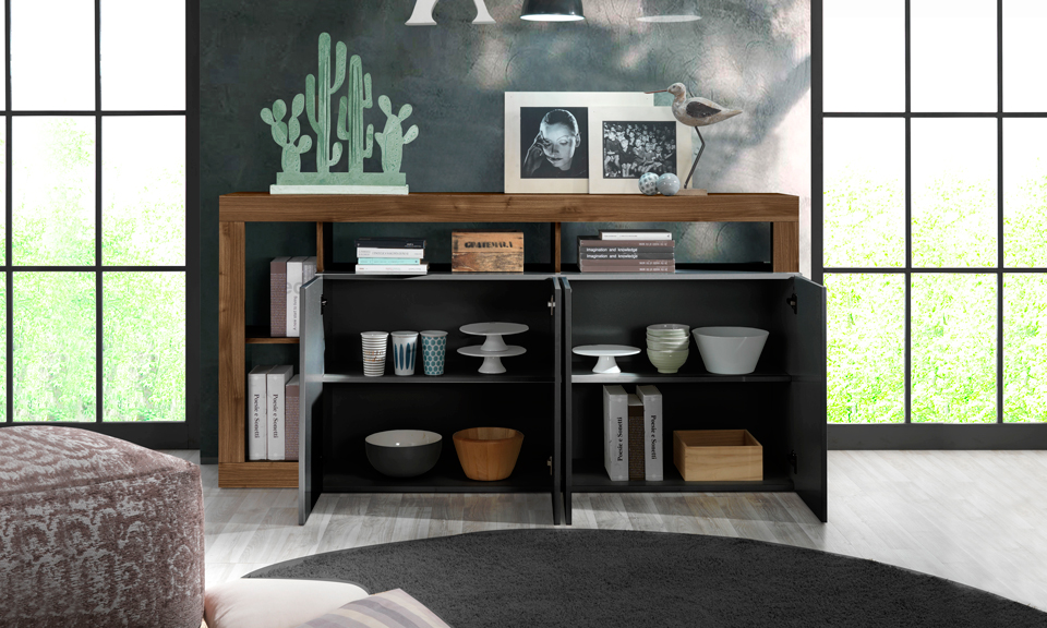 Credenza Madia a 4 ante con un ripiano in finitura Marmo Lucido Nero e Noce Dark