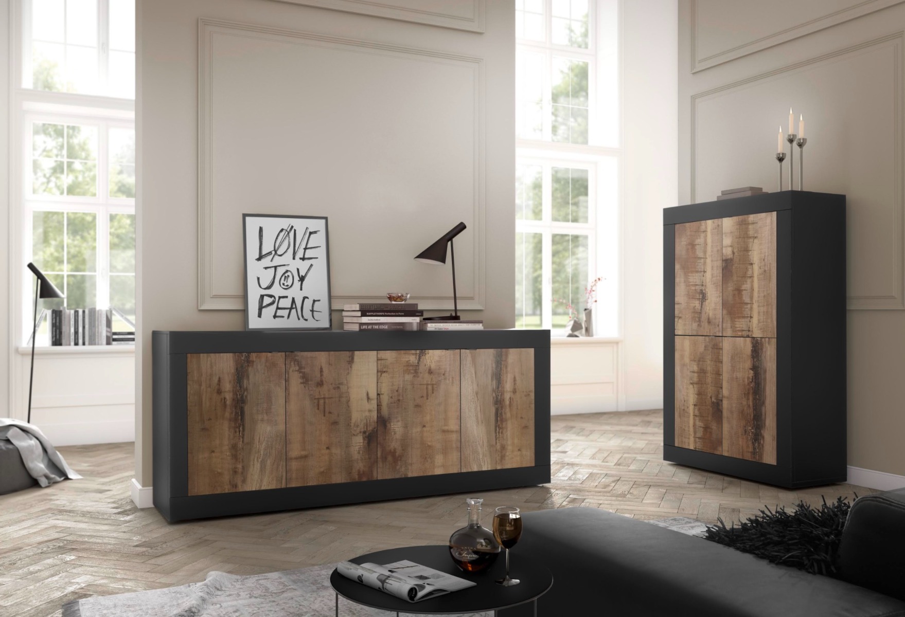 Credenza Moderna, Madia con 4 ante, colore nero e pero