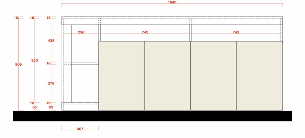 Credenza Madia a 4 ante con un ripiano in finitura bianco laccato lucido e Cemento