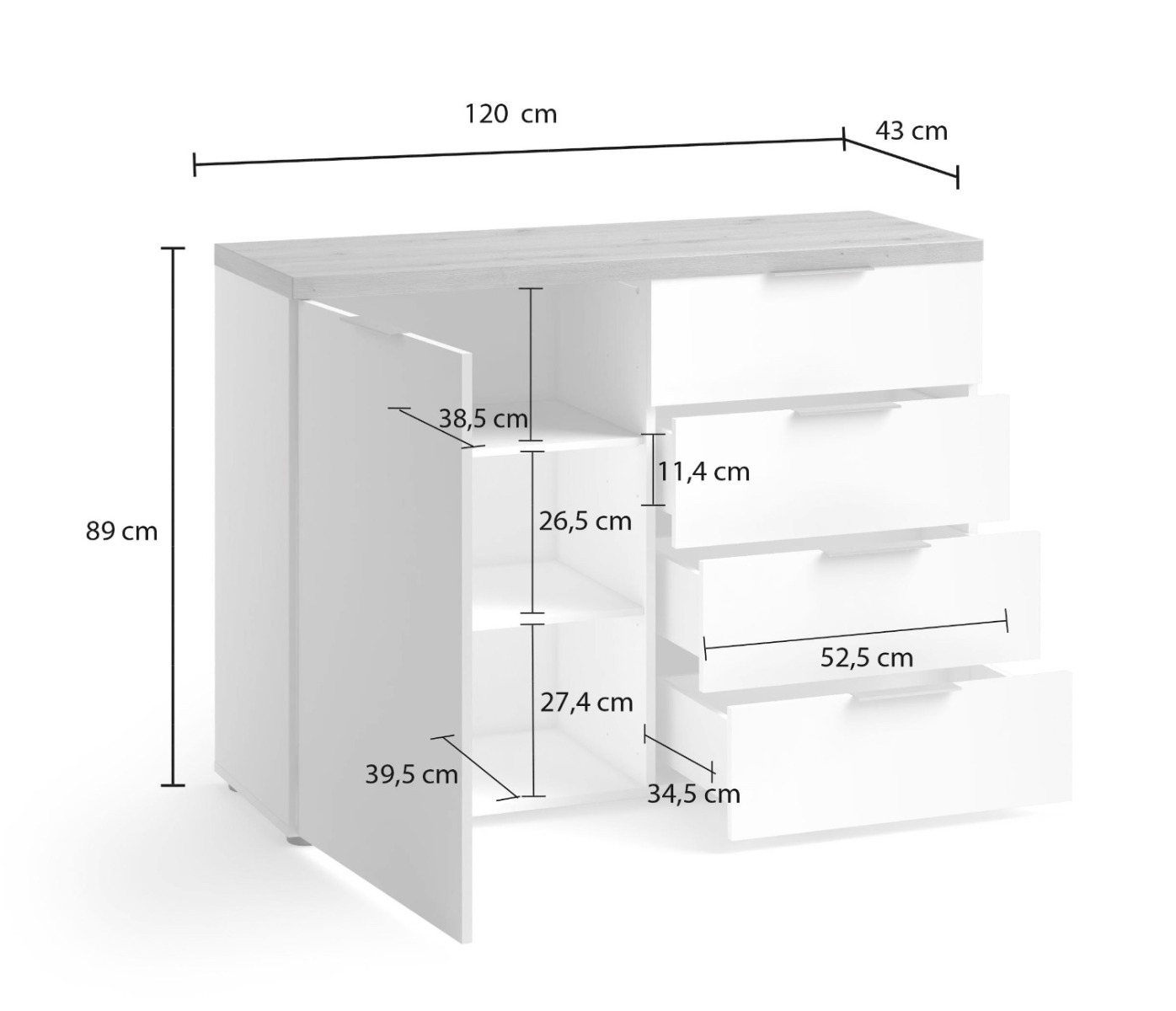 Madia 1 anta e 4 cassetti finitura Bianco lucido e Castagno, Made in Italy