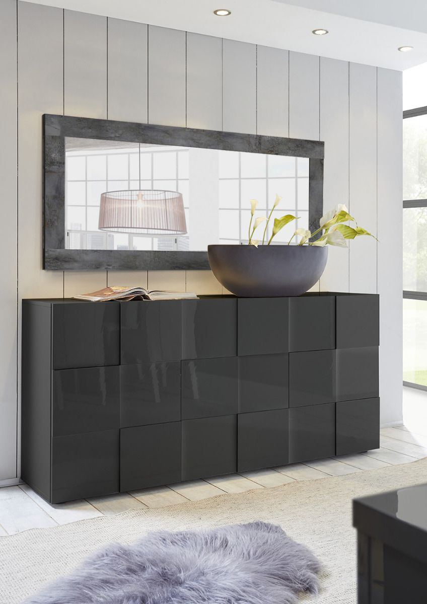 Credenza Moderna, Madia di Design, 3 ante, Grigio Lucido