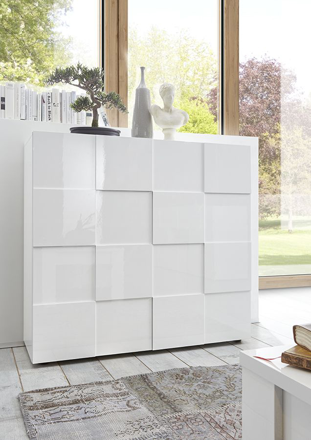 Credenza Moderna, Madia di Design, 2 ante Alta, Bianco Lucido