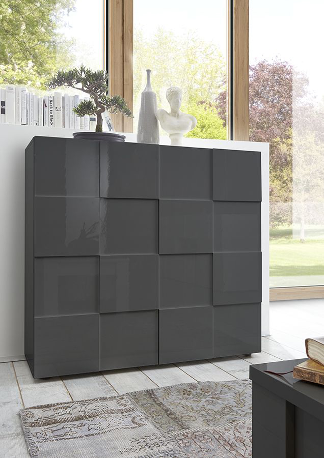 Credenza Moderna, Madia di Design, 2 ante Alta, Grigio Lucido