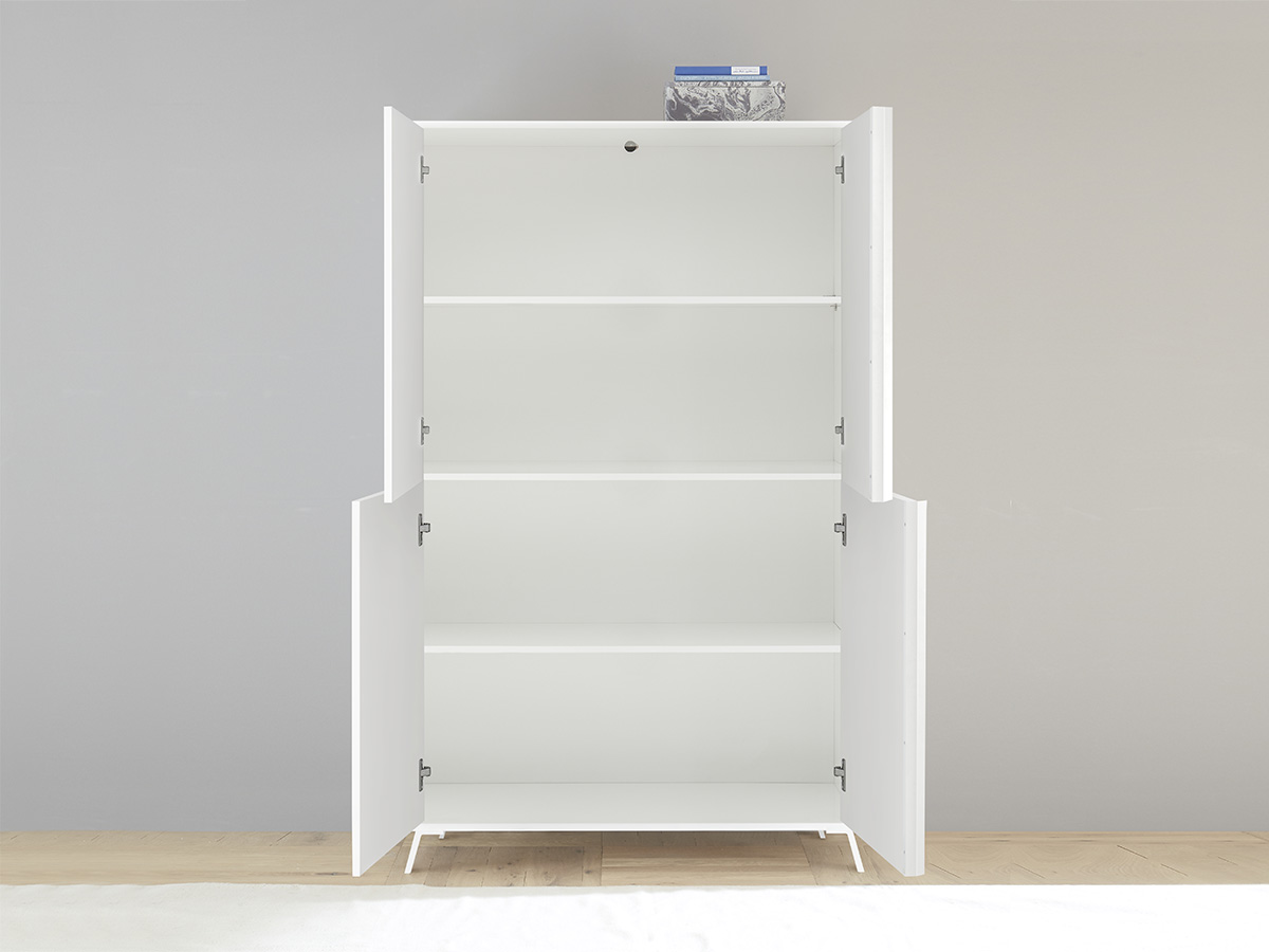 Soggiorno moderno, Sala da pranzo, bianca laccata lucida, completa di 2 madie e tavolo