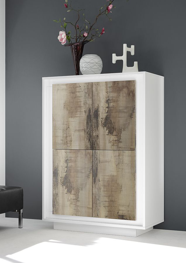 Credenza Moderna, Madia di Design, 4 ante Alta, Bianco Opaco con frontali Pero