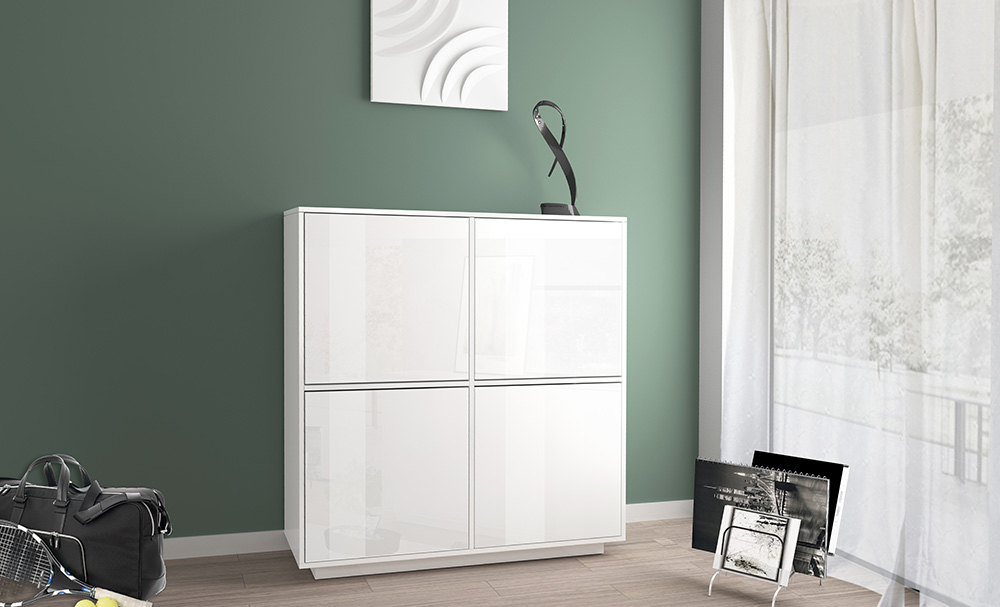 Moderna madia credenza alta di design con quattro ante bianco bianca laccata lucida