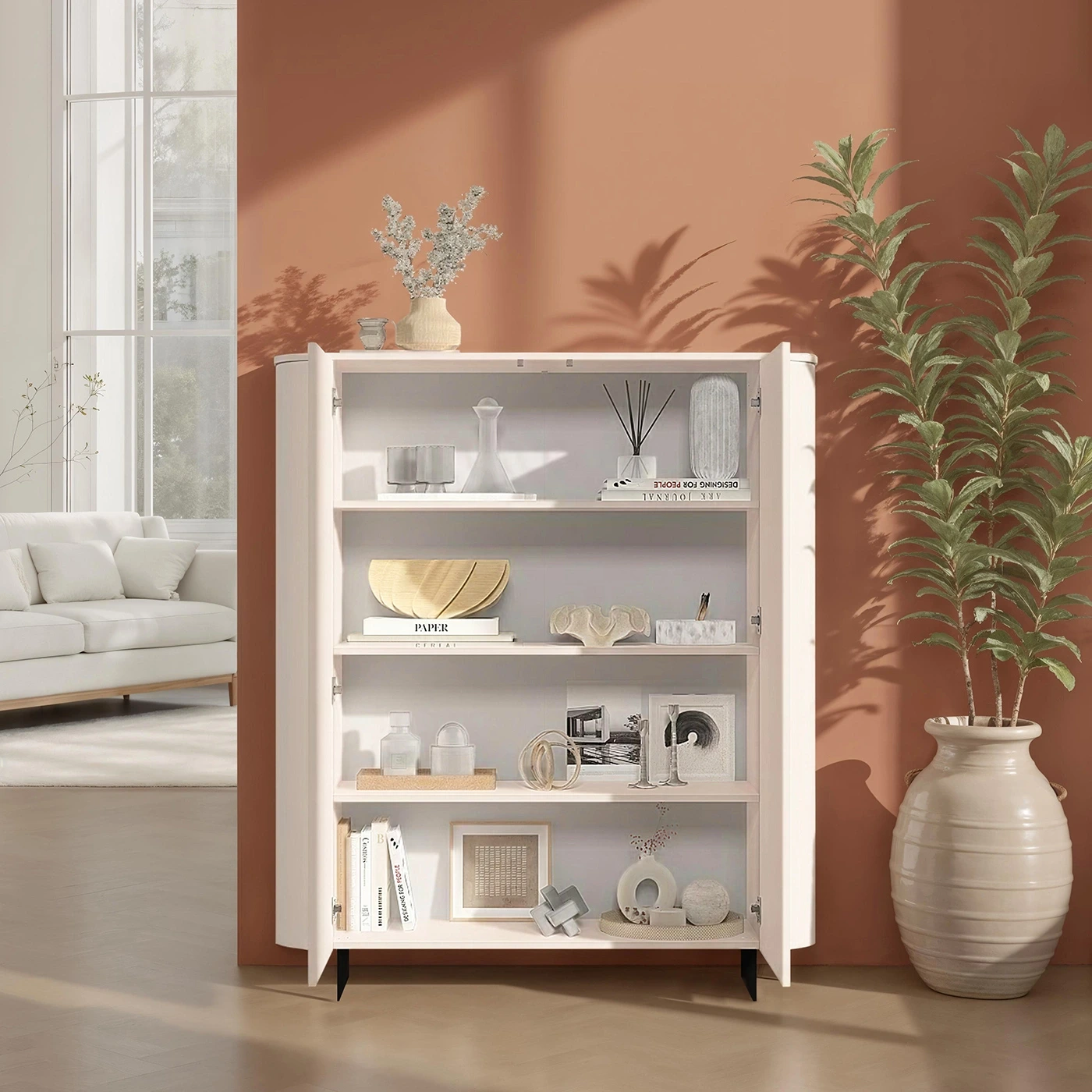 Madia alta a 2 ante, L.130 H.154 P.43, in finitura Cashmere e piedini Lava