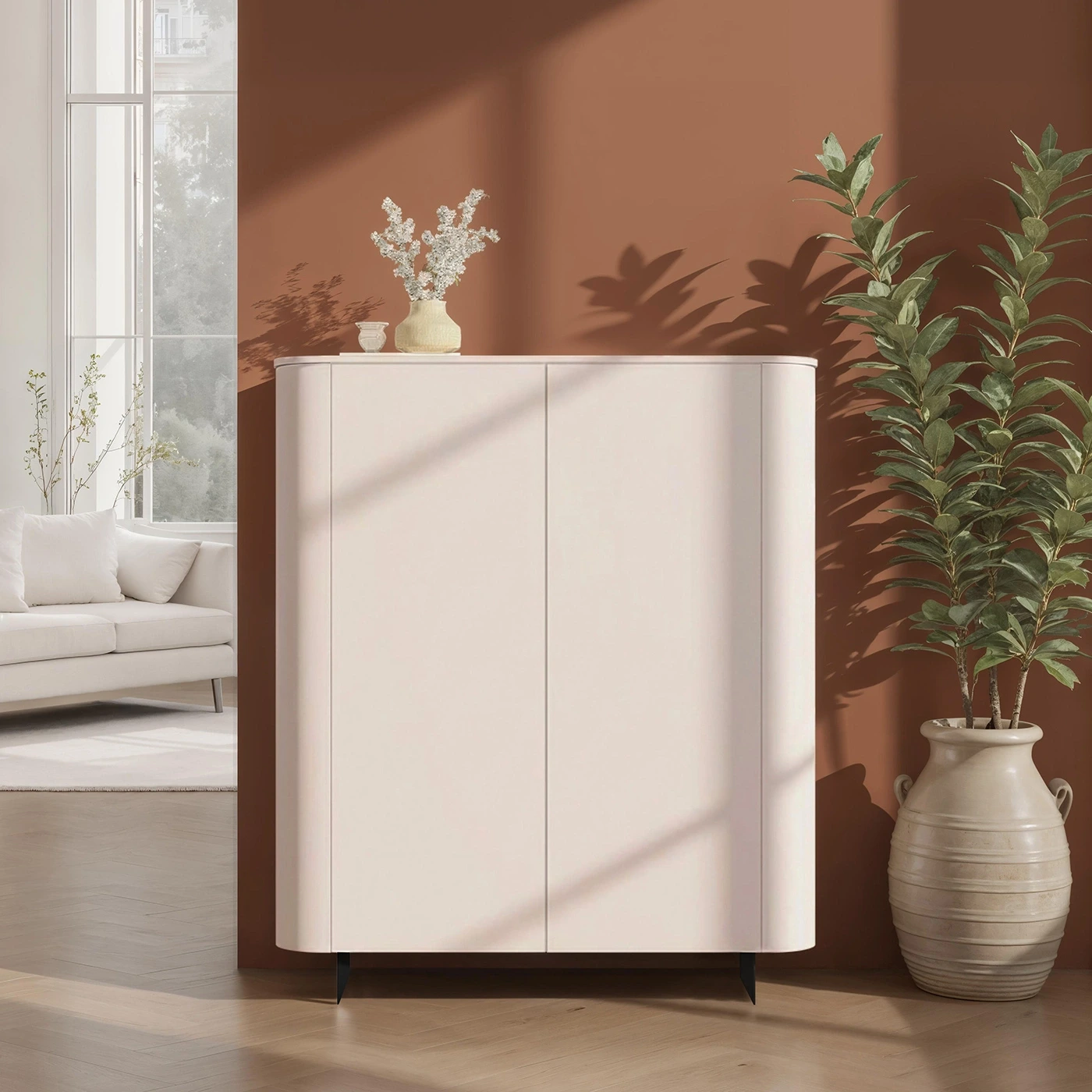 Madia alta a 2 ante, L.130 H.154 P.43, in finitura Cashmere e piedini Lava