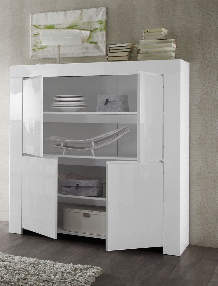 Credenza Moderna, Madia di Design, Made in Italy 4 ante Alta, Bianco Lucido