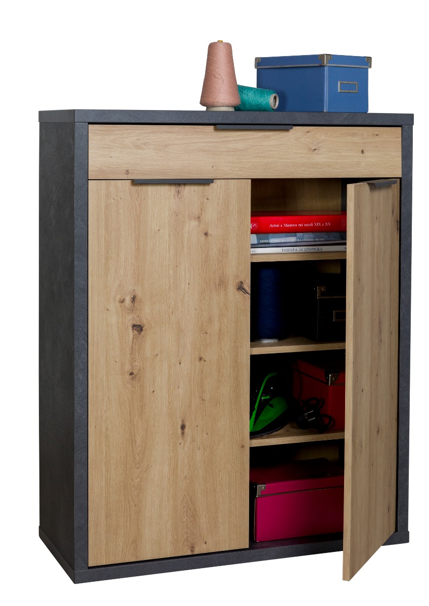 Credenza alta con 2 ante e 1 cassetto, Rovere chiaro e Grigio smoke