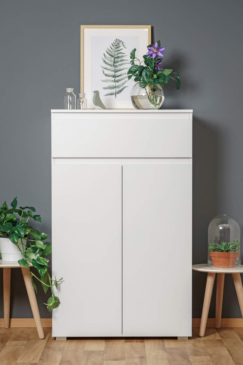 Madia alta dal design semplice con 2 ante e 1 cassetto finitura Bianco opaco