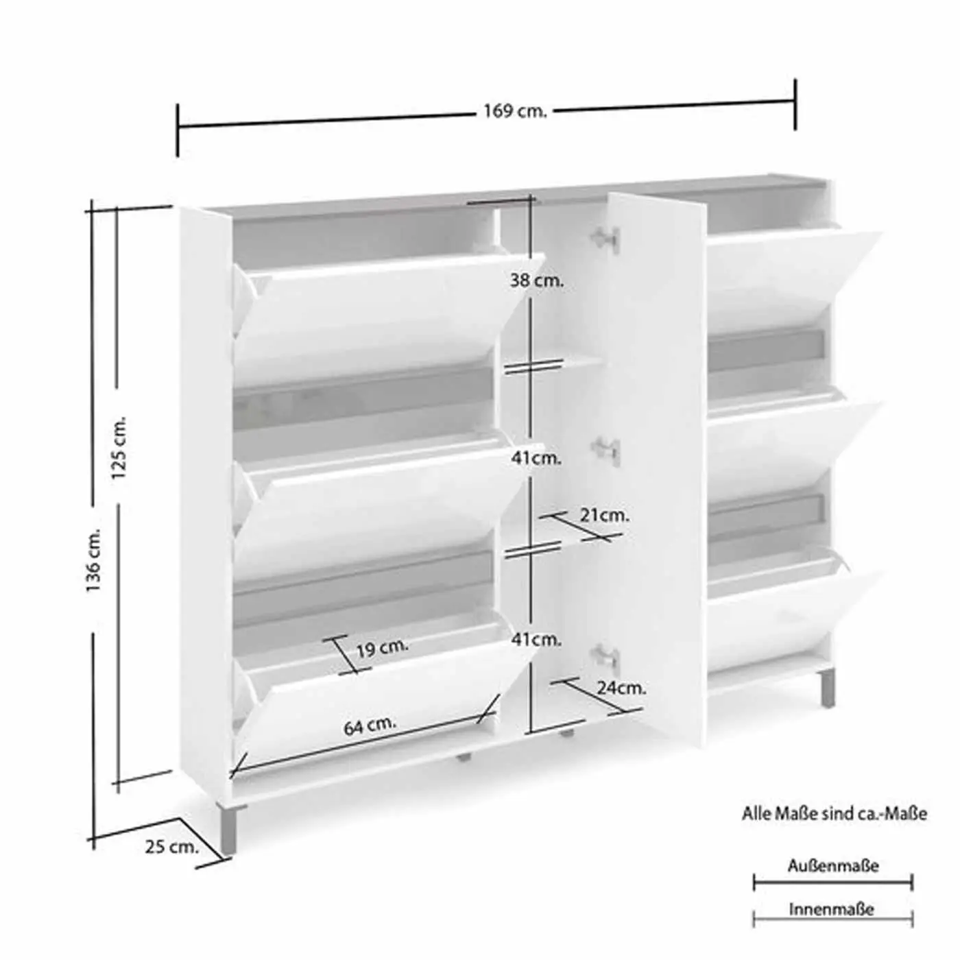 Scarpiera 6 ante ribalta e 1 anta battente, Bianco lucido 