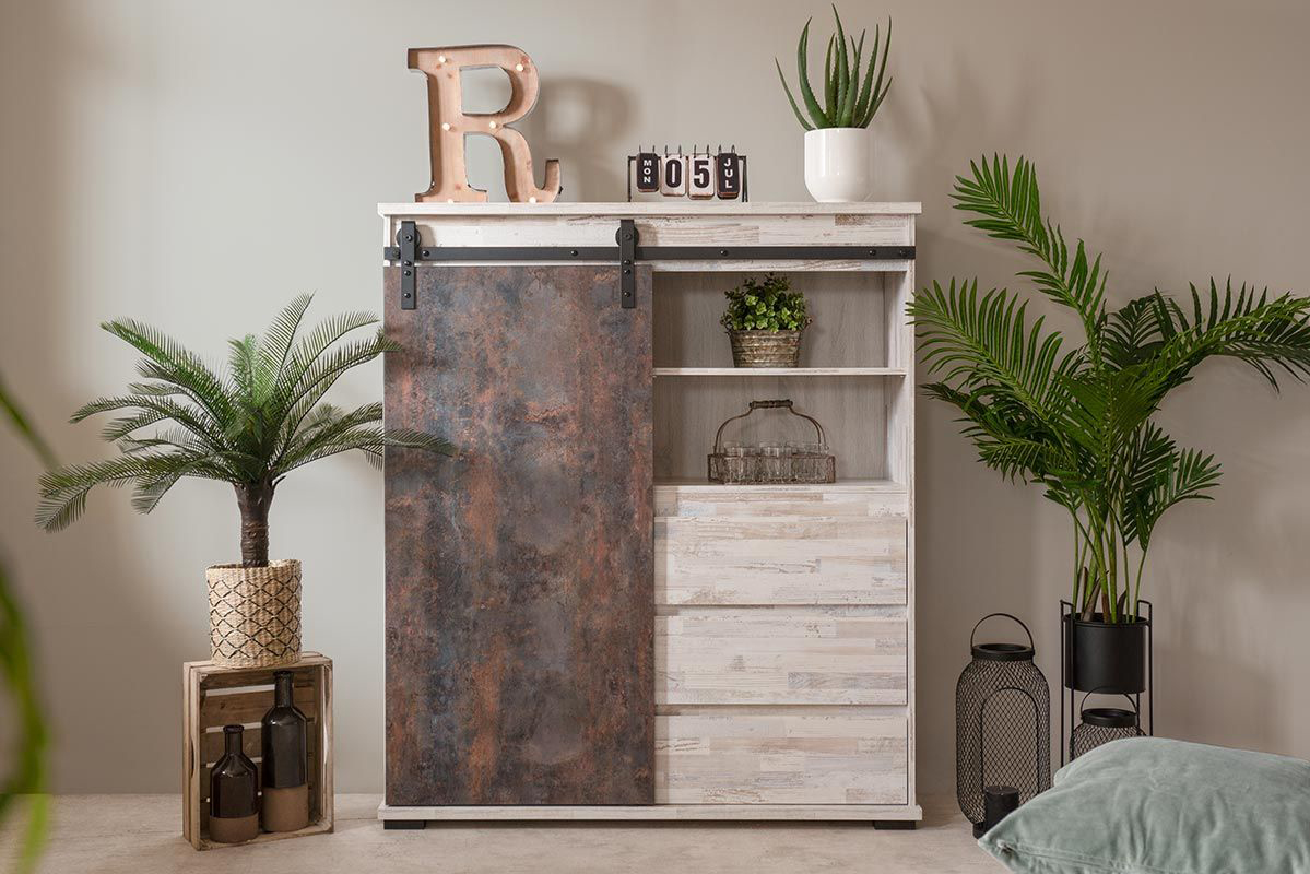 Madia alta Tromso con 2 ante e 3 cassetti in finitura Willow e Acero invecchiato