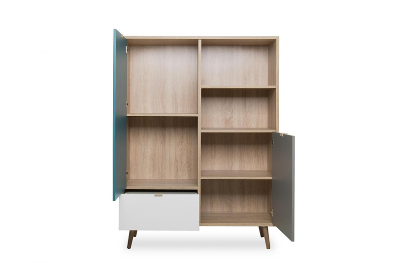 Madia Alta Lavik  con gambe in legno, 2 ante 1 cassetto, finitura Quercia, Bianca, Petrolio e Grigia