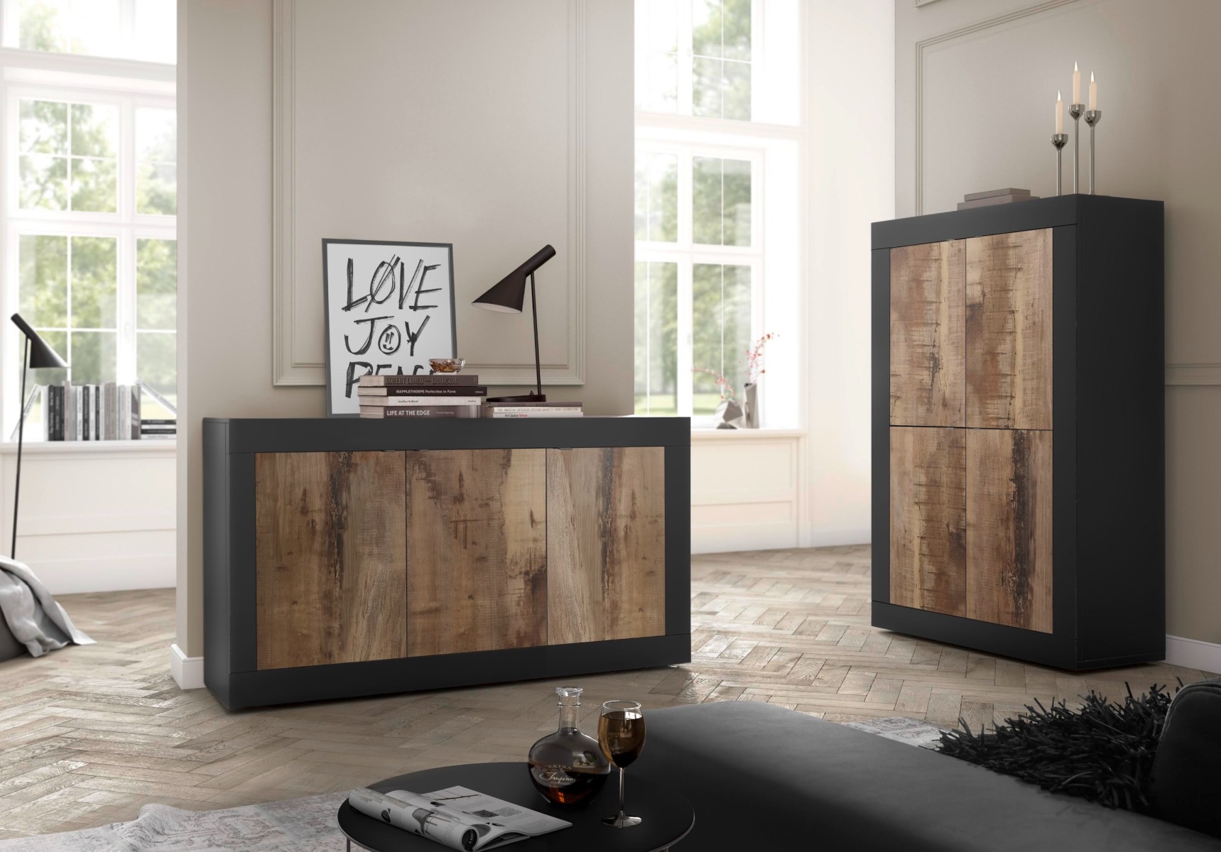 Credenza Moderna, Madia di Design, 4 ante Alta, Pero e Nera