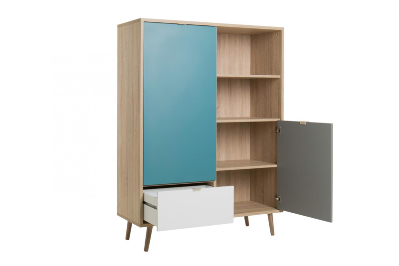 Soggiorno Lavik completo, stile nordico con gambe in legno finitura Quercia, Bianco, Petrolio e Grigia