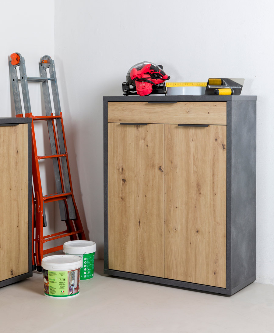 Credenza alta con 2 ante e 1 cassetto, Rovere chiaro e Grigio smoke