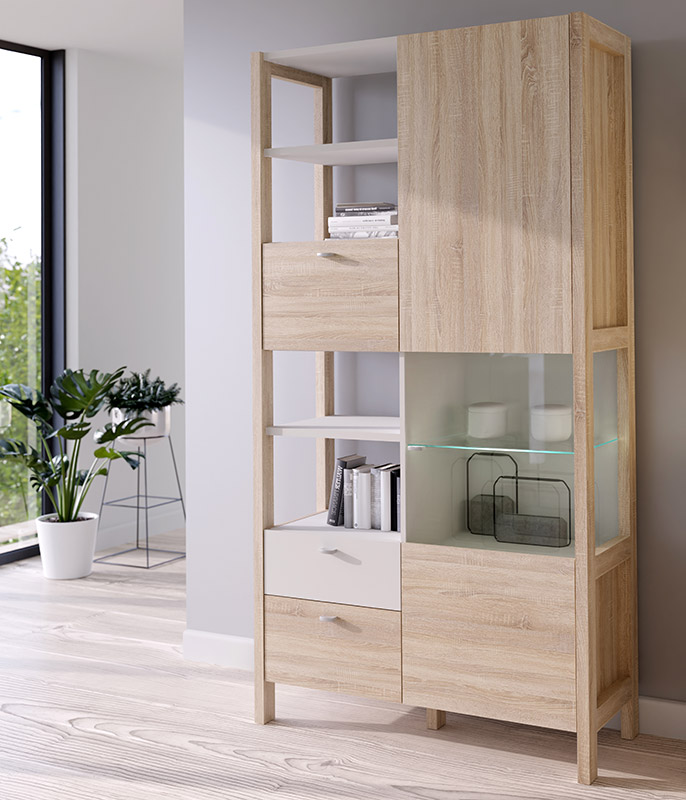 Vetrina moderna con ante e cassetti, finitura Rovere sonoma e Bianco